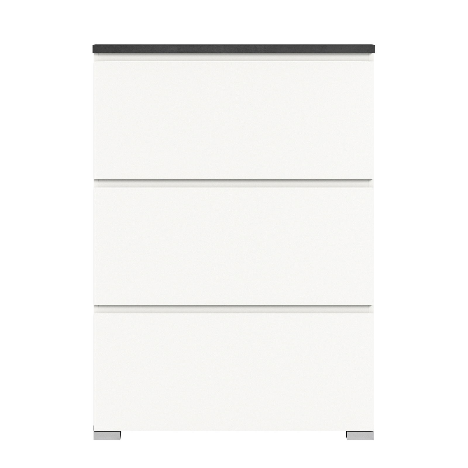 Moderner weißer Schuhschrank mit drei Schubladen, Frontalansicht