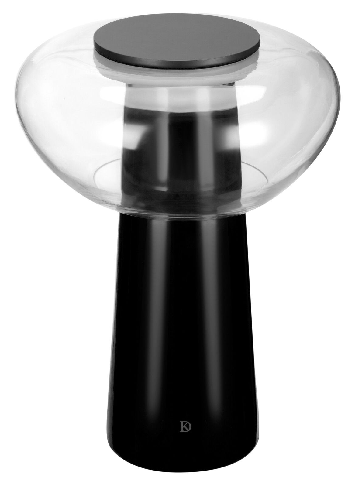 Moderne LED-Tischleuchte mit schwarzem Sockel und transparentem Lampenschirm, seitliche Perspektive
