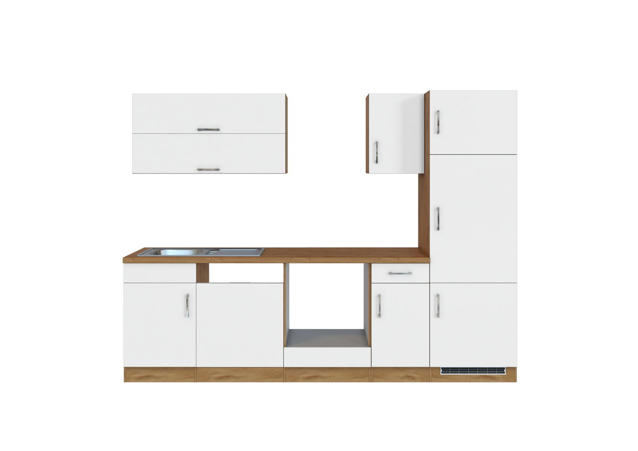 Moderne Küchenzeile SORRENTO in Weiß mit Holzdetails, Frontansicht