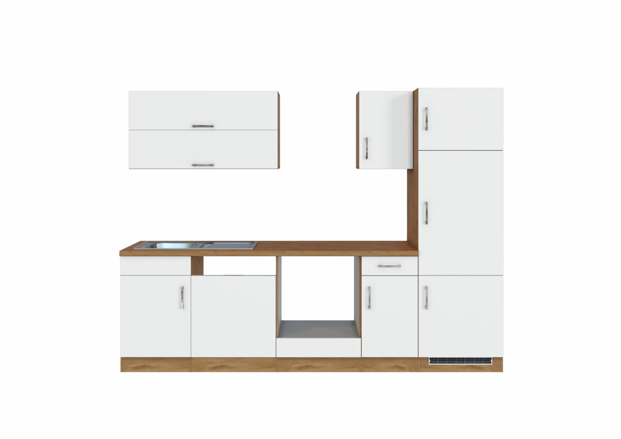 Moderne Küchenzeile SORRENTO in Weiß mit Holzdetails, Frontansicht