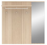 Garderobenpaneel aus Holz mit drei Haken, einer Ablage und einem großen Spiegel, Frontalansicht