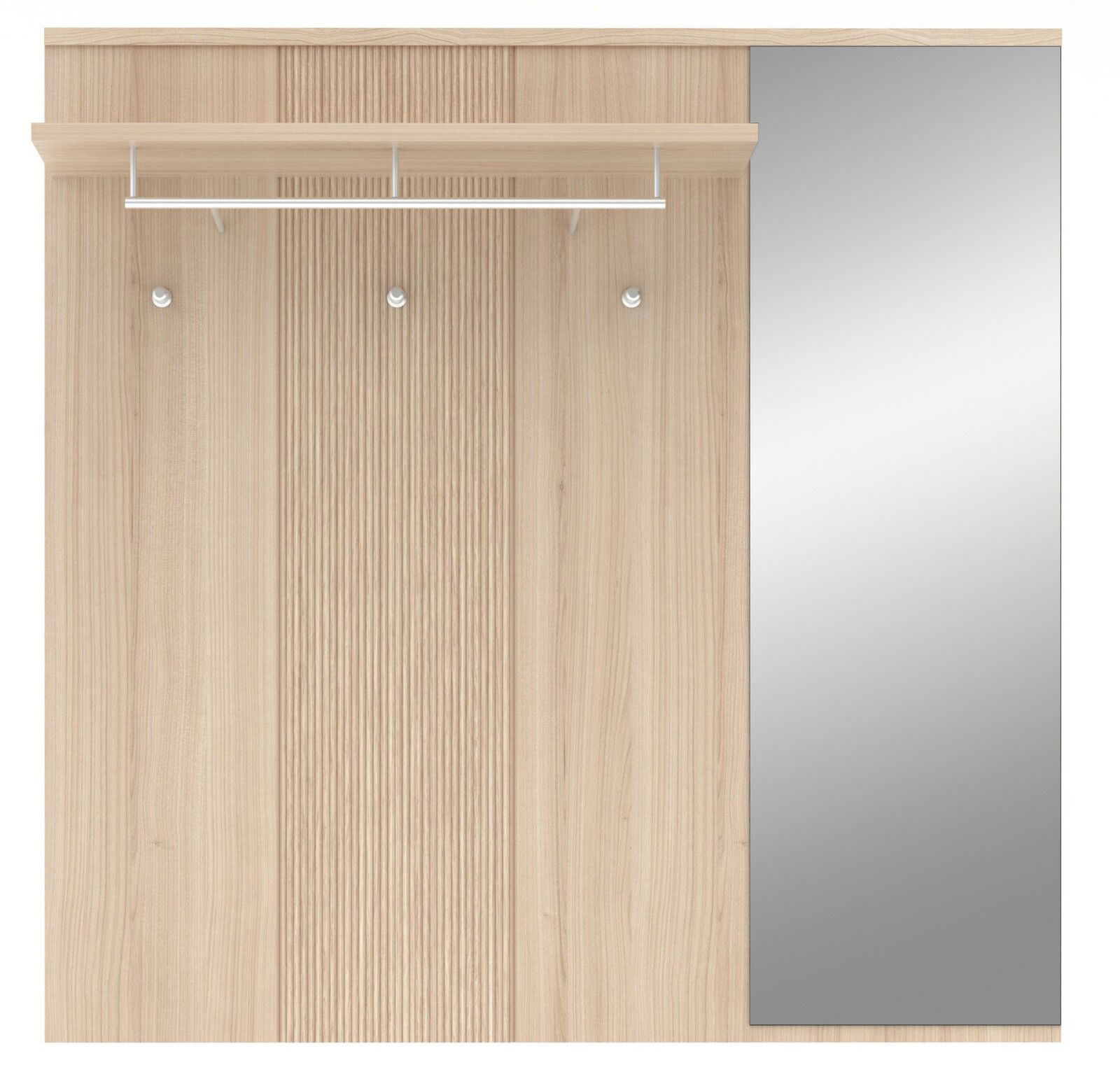 Garderobenpaneel aus Holz mit drei Haken, einer Ablage und einem großen Spiegel, Frontalansicht