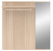 Garderobenpaneel aus Holz mit drei Haken, einer Ablage und einem großen Spiegel, Frontalansicht