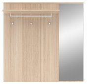 Garderobenpaneel aus Holz mit drei Haken, einer Ablage und einem großen Spiegel, Frontalansicht