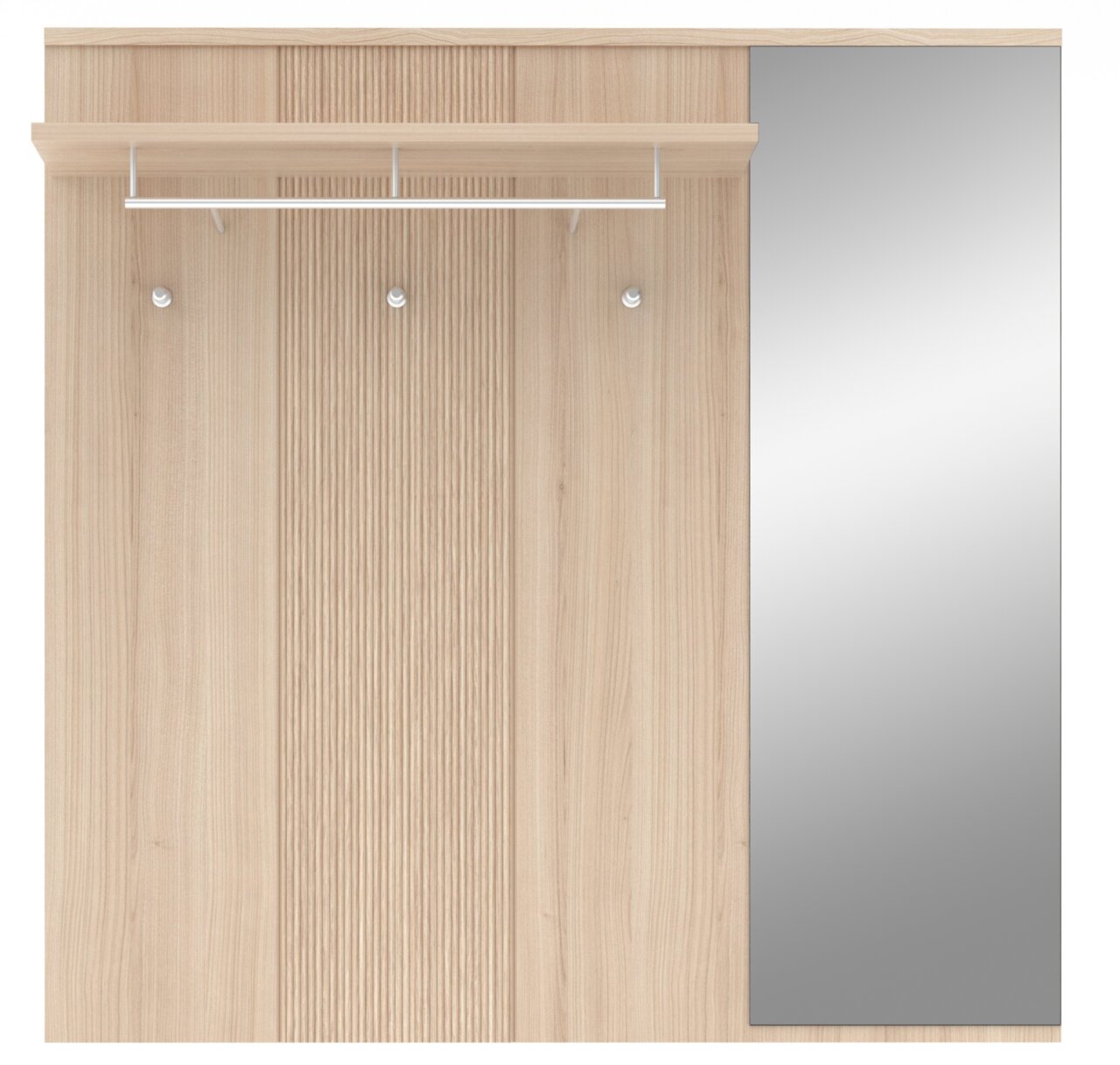Houten garderobepaneel met drie haken, een plank en een grote spiegel, vooraanzicht