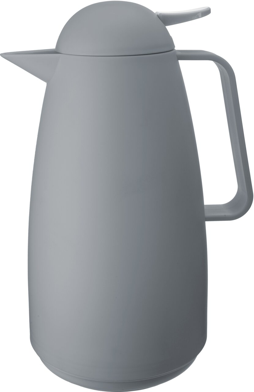 Graue Isolierkanne mit 1000 ml Fassungsvermögen, seitliche Perspektive