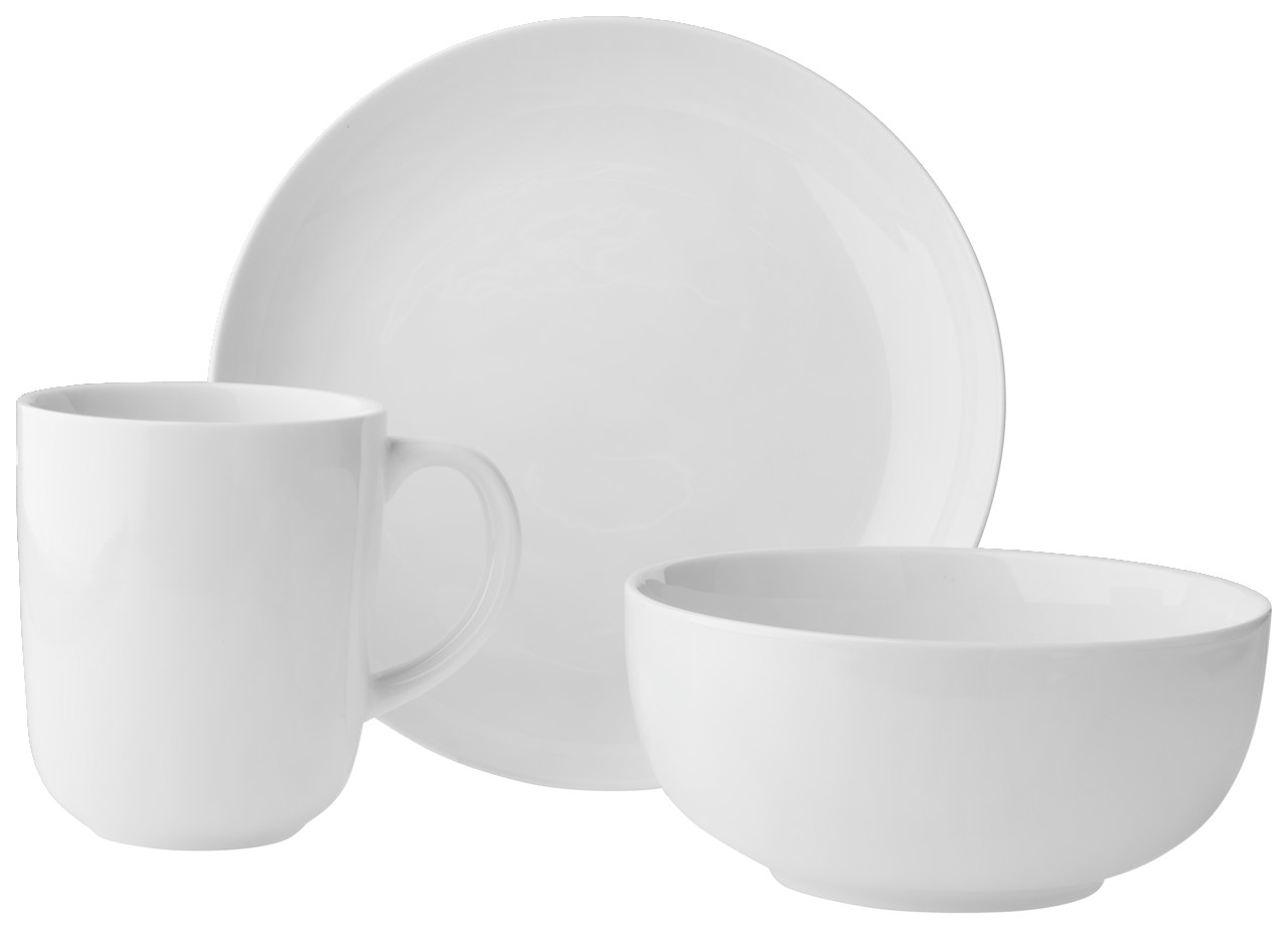 Weißes Kaffeeservice bestehend aus einer Tasse, einem Teller und einer Schüssel, frontal fotografiert.