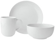 Weißes Kaffeeservice bestehend aus einer Tasse, einem Teller und einer Schüssel, frontal fotografiert.