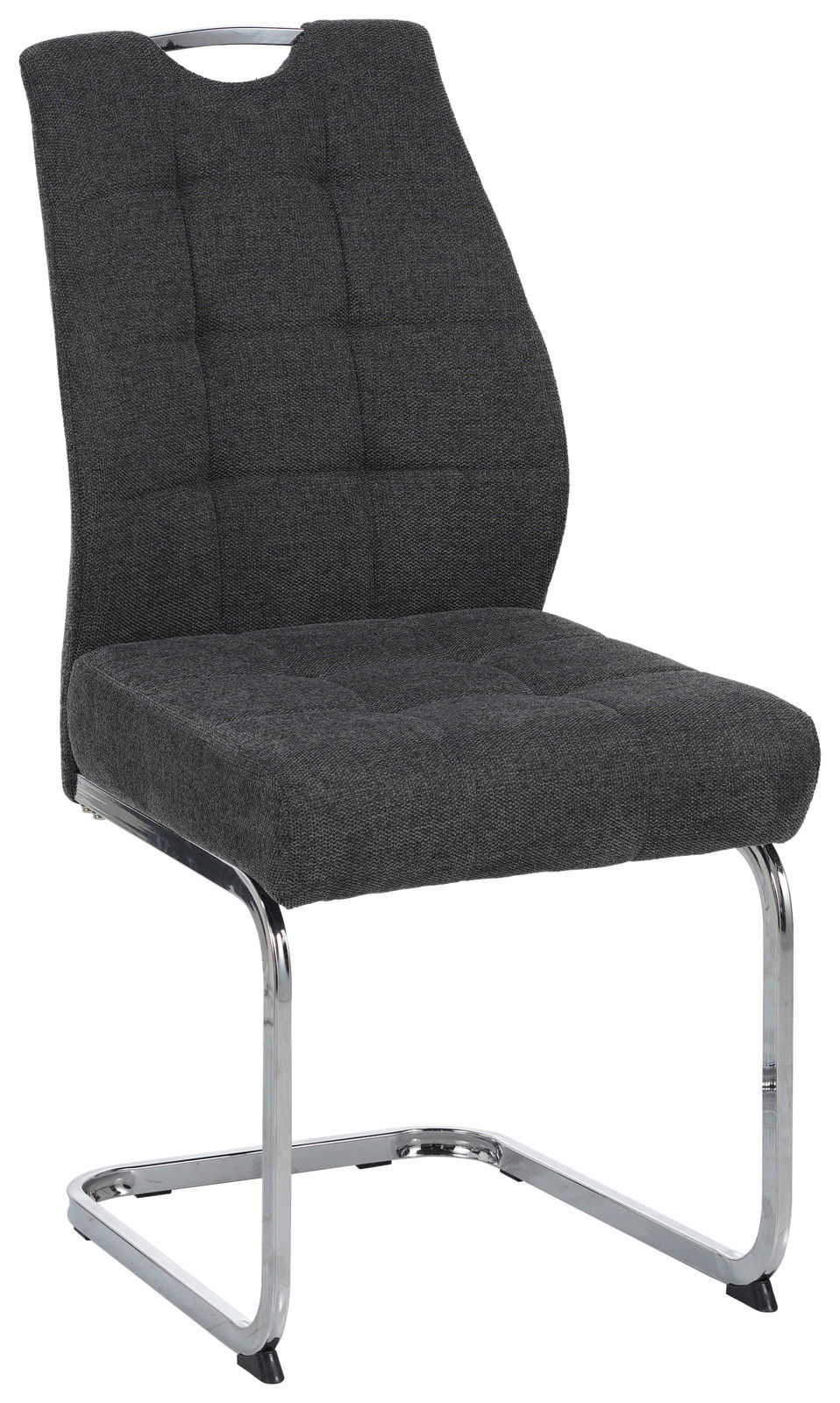 Moderner Schwingstuhl mit grauem Stoffbezug und verchromtem Gestell, seitliche Perspektive