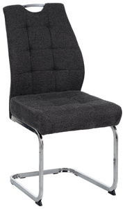 Moderner Schwingstuhl mit grauem Stoffbezug und verchromtem Gestell, seitliche Perspektive