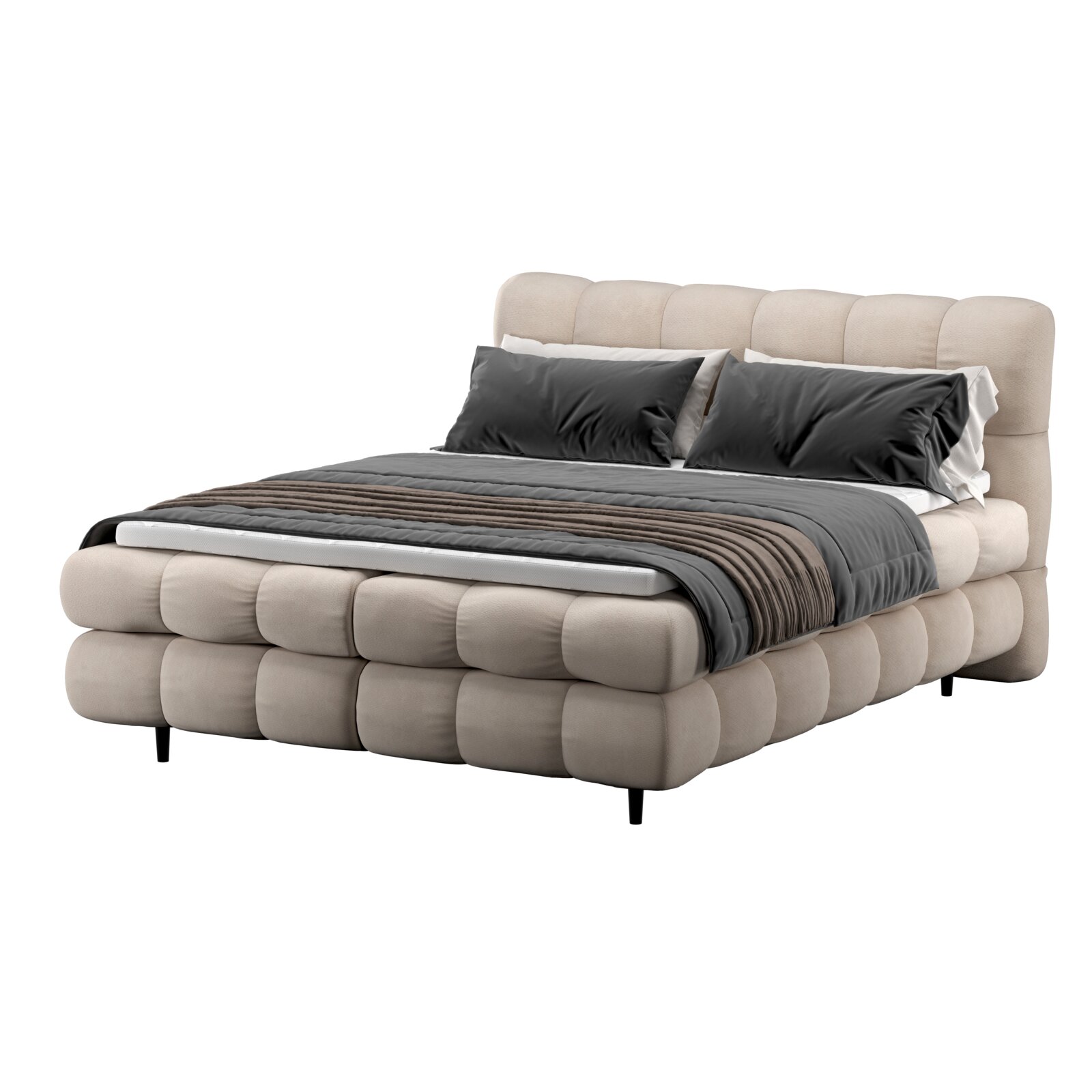 Boxbett mit gepolstertem Kopfteil und gestepptem Design, seitliche Perspektive