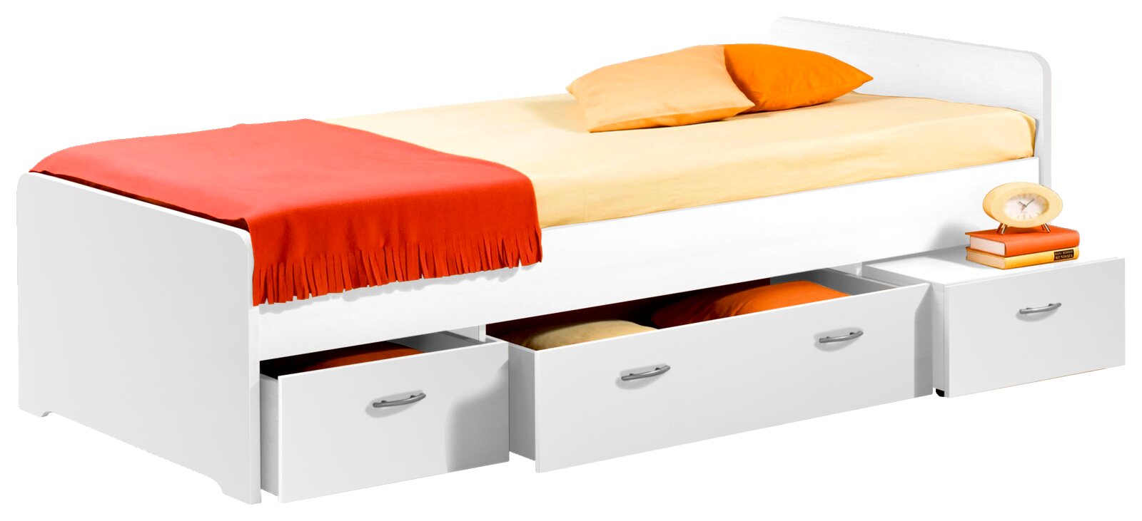 Weißes Jugendbett mit drei Schubladen, roter Decke und orangefarbenen Kissen, seitliche Perspektive