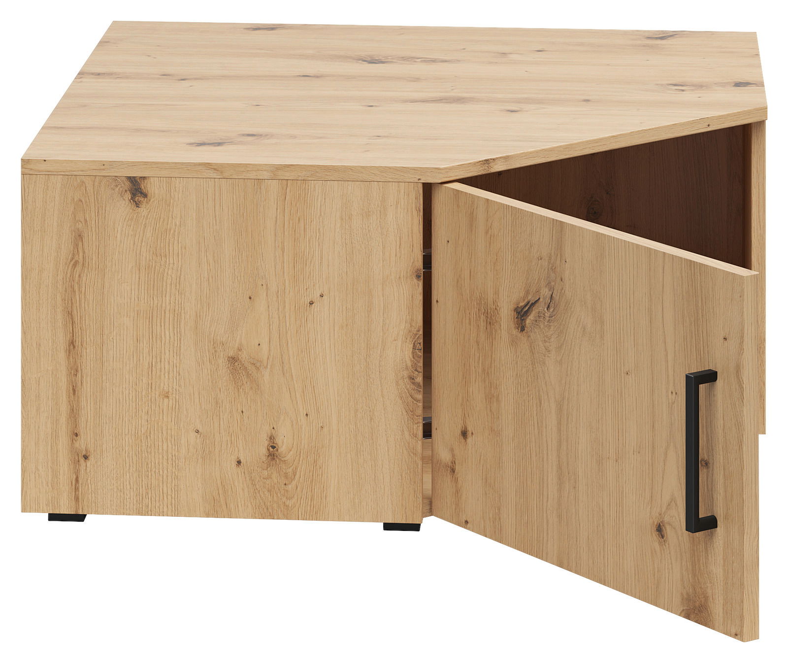 Eckaufsatzschrank aus Holz mit geöffneter Tür, Perspektive von vorne