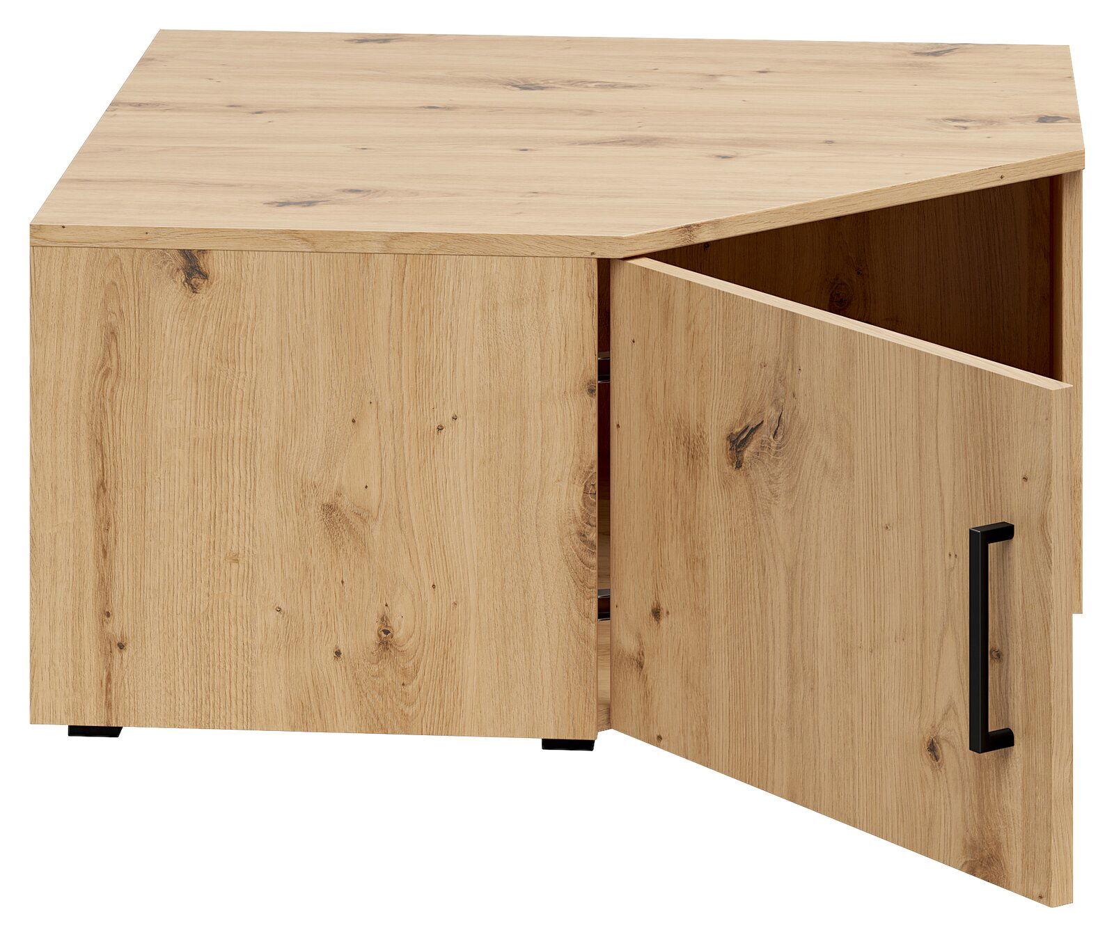 Eckaufsatzschrank aus Holz mit geöffneter Tür, Perspektive von vorne
