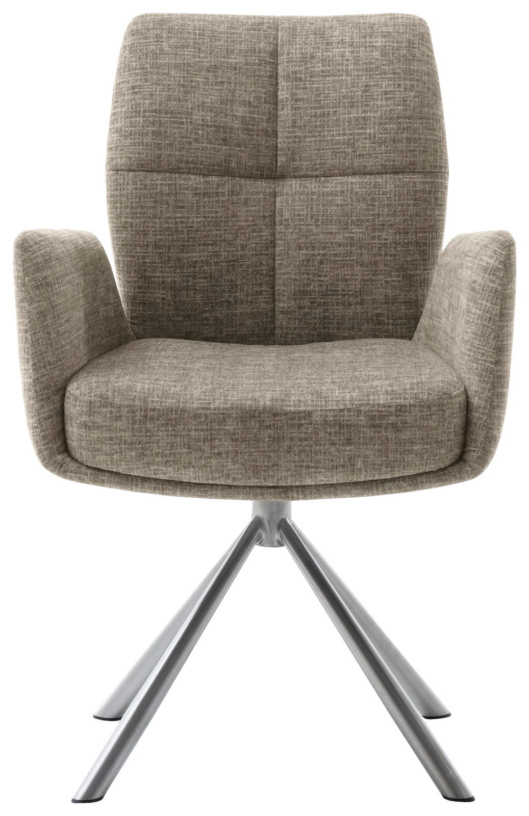 Moderner Sessel mit grauem Stoffbezug und Metallbeinen, Frontalansicht