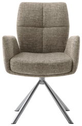 Moderner Sessel mit grauem Stoffbezug und Metallbeinen, Frontalansicht