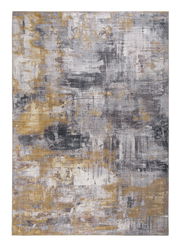 Moderner Teppich in abstraktem Design mit grauen und goldenen Farbtönen, Draufsicht