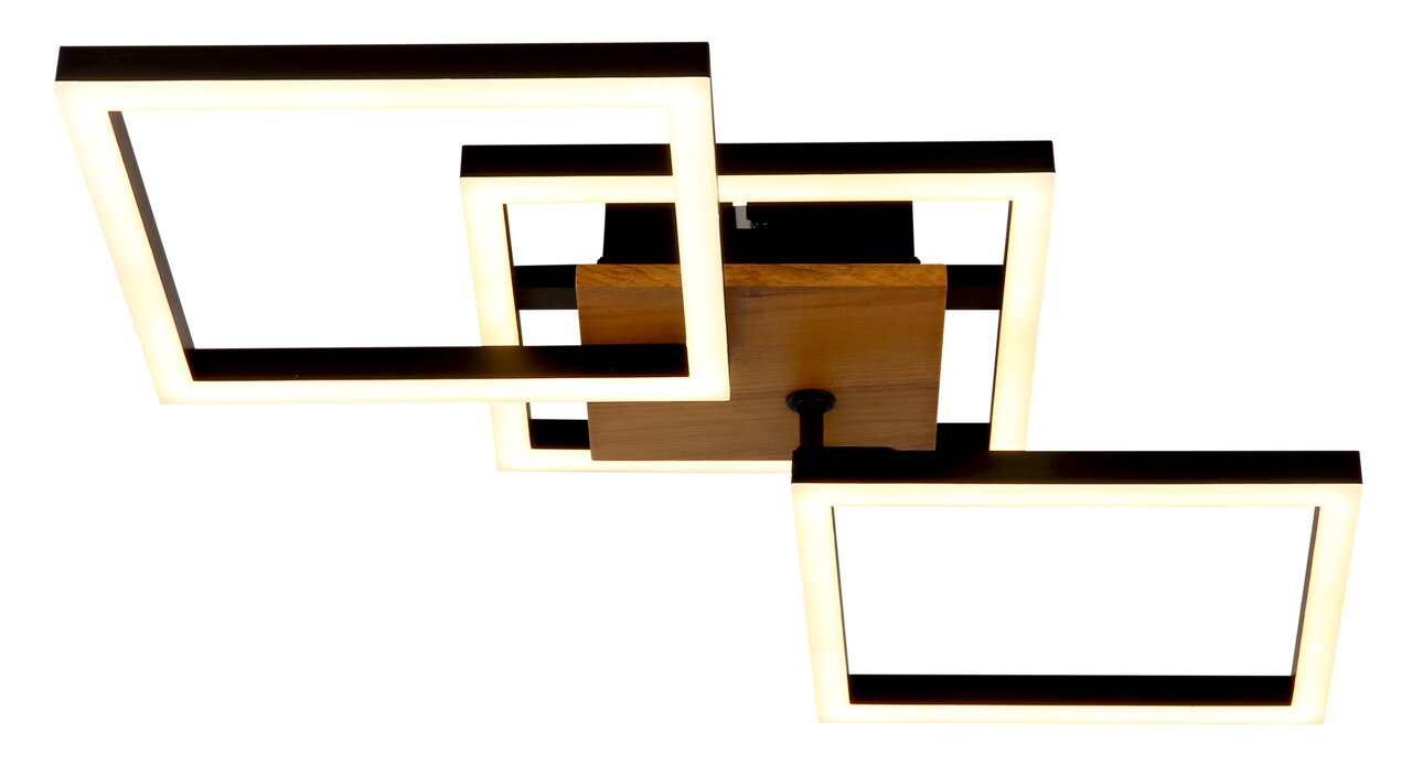 Moderne Deckenleuchte mit drei überlappenden, leuchtenden Quadraten aus schwarzem Metall und Holz, Ansicht von unten.