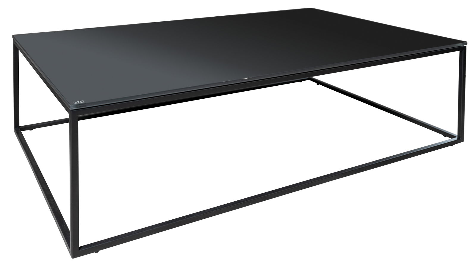 Moderner Couchtisch mit schwarzer Glasplatte und minimalistischem Metallrahmen, seitliche Perspektive