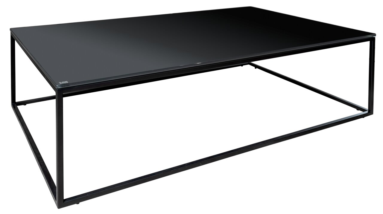 Moderne salontafel met een zwart glazen blad en een minimalistisch metalen frame, gezien vanaf de zijkant