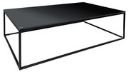 Moderne salontafel met een zwart glazen blad en een minimalistisch metalen frame, gezien vanaf de zijkant