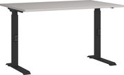 Moderner höhenverstellbarer Schreibtisch mit schwarzem Gestell und heller Tischplatte, seitliche Perspektive