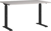 Moderner höhenverstellbarer Schreibtisch mit schwarzem Gestell und heller Tischplatte, seitliche Perspektive
