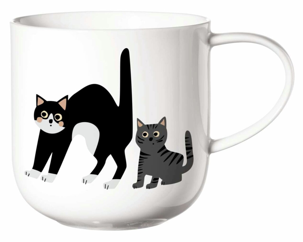 Weißer Henkelbecher mit zwei überraschten Katzenmotiven, seitliche Ansicht.