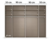 Frontansicht eines 2-türigen Schwebetürenschranks mit mehreren Fächern und Kleiderstangen, Maße: 50 cm, 90 cm, 90 cm, 50 cm Breite und 57 cm Tiefe.