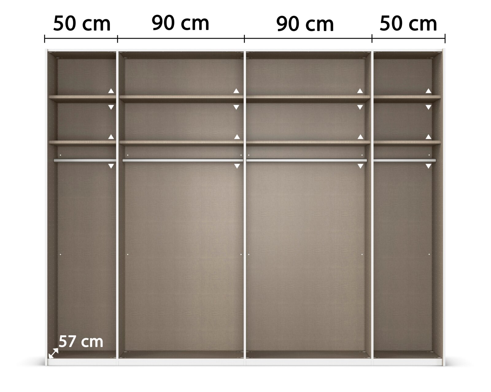 Frontansicht eines 2-türigen Schwebetürenschranks mit mehreren Fächern und Kleiderstangen, Maße: 50 cm, 90 cm, 90 cm, 50 cm Breite und 57 cm Tiefe.