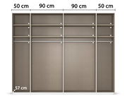 Frontansicht eines 2-türigen Schwebetürenschranks mit mehreren Fächern und Kleiderstangen, Maße: 50 cm, 90 cm, 90 cm, 50 cm Breite und 57 cm Tiefe.