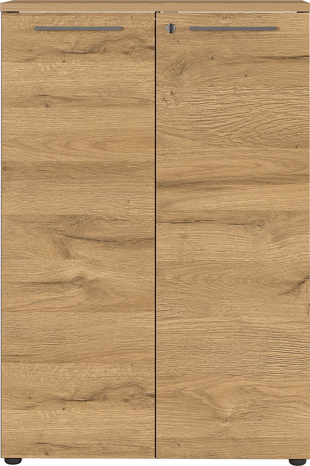 Frontansicht eines Aktenschranks mit Holzoptik und zwei Türen.