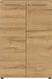 Frontansicht eines Aktenschranks mit Holzoptik und zwei Türen.