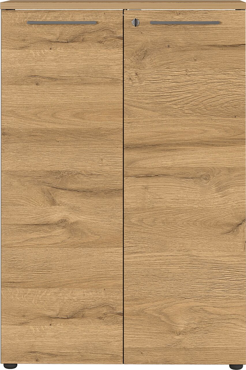 Frontansicht eines Aktenschranks mit Holzoptik und zwei Türen.
