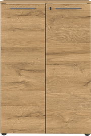 Frontansicht eines Aktenschranks mit Holzoptik und zwei Türen.