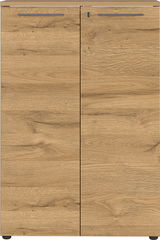 Frontansicht eines Aktenschranks mit Holzoptik und zwei Türen.