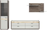 Wohnkombination bestehend aus einem hohen Schrank mit Glastüren, einem niedrigen Sideboard mit Schubladen und einem Wandregal, in moderner Holzoptik, frontal abgebildet.