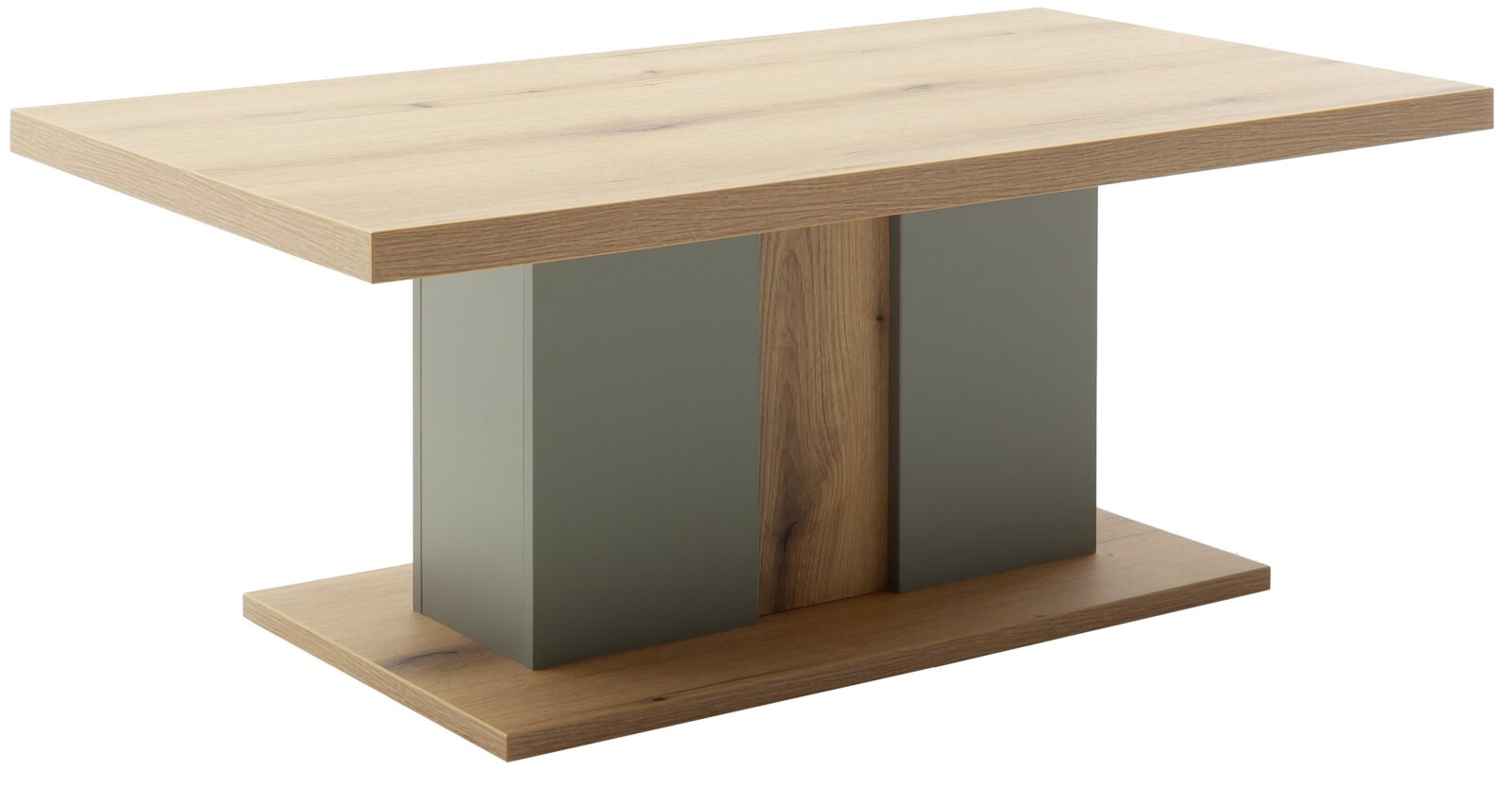 Z2 Couchtisch MONITZ Moderner rechteckiger Holztisch mit massiver Holzplatte und Sockel, mittigem Holzsteg sowie zwei seitlichen grauen Paneelen als Untergestell, freigestellt vor weißem Hintergrund, Perspektive: leicht schräg von vorne oben