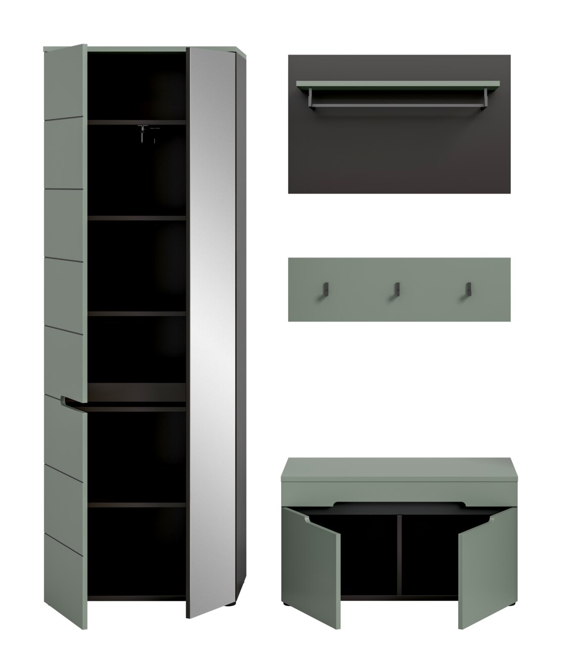 Modernes Garderoben-Set in Salbeigrün mit hohem Schrank (Türen geöffnet, Innenfächer sichtbar), Wandgarderobe mit Ablage und Kleiderstange, Hakenleiste und Sitzbank mit geöffneten Türen; Frontansicht/leicht perspektivische Darstellung auf weißem Hintergru