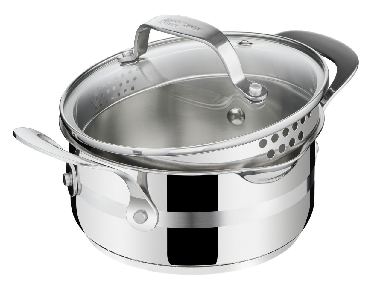 Edelstahl Kochtopf mit Glasdeckel und Abtropflöchern, seitliche Perspektive