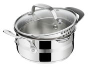 Edelstahl Kochtopf mit Glasdeckel und Abtropflöchern, seitliche Perspektive