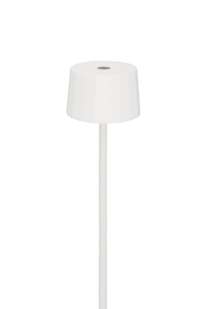 Weiße Akku-Stehleuchte aus seitlicher Perspektive