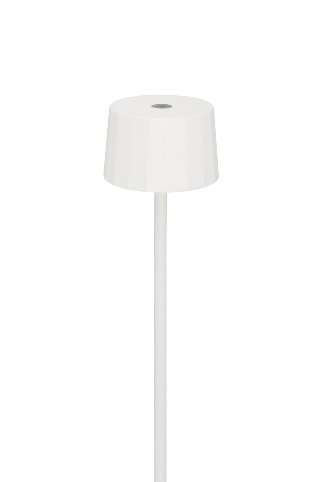 Weiße Akku-Stehleuchte aus seitlicher Perspektive