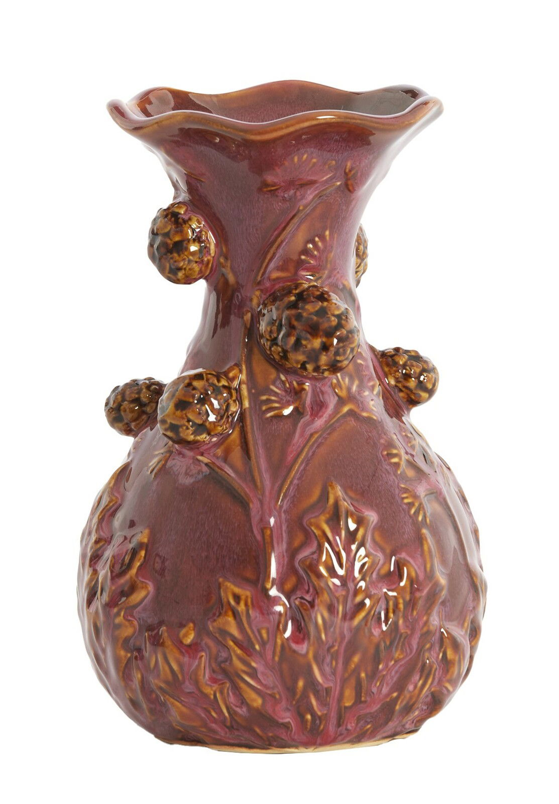 Keramikvase mit braun-roter Glasur und erhabenen floralen Mustern, seitliche Perspektive