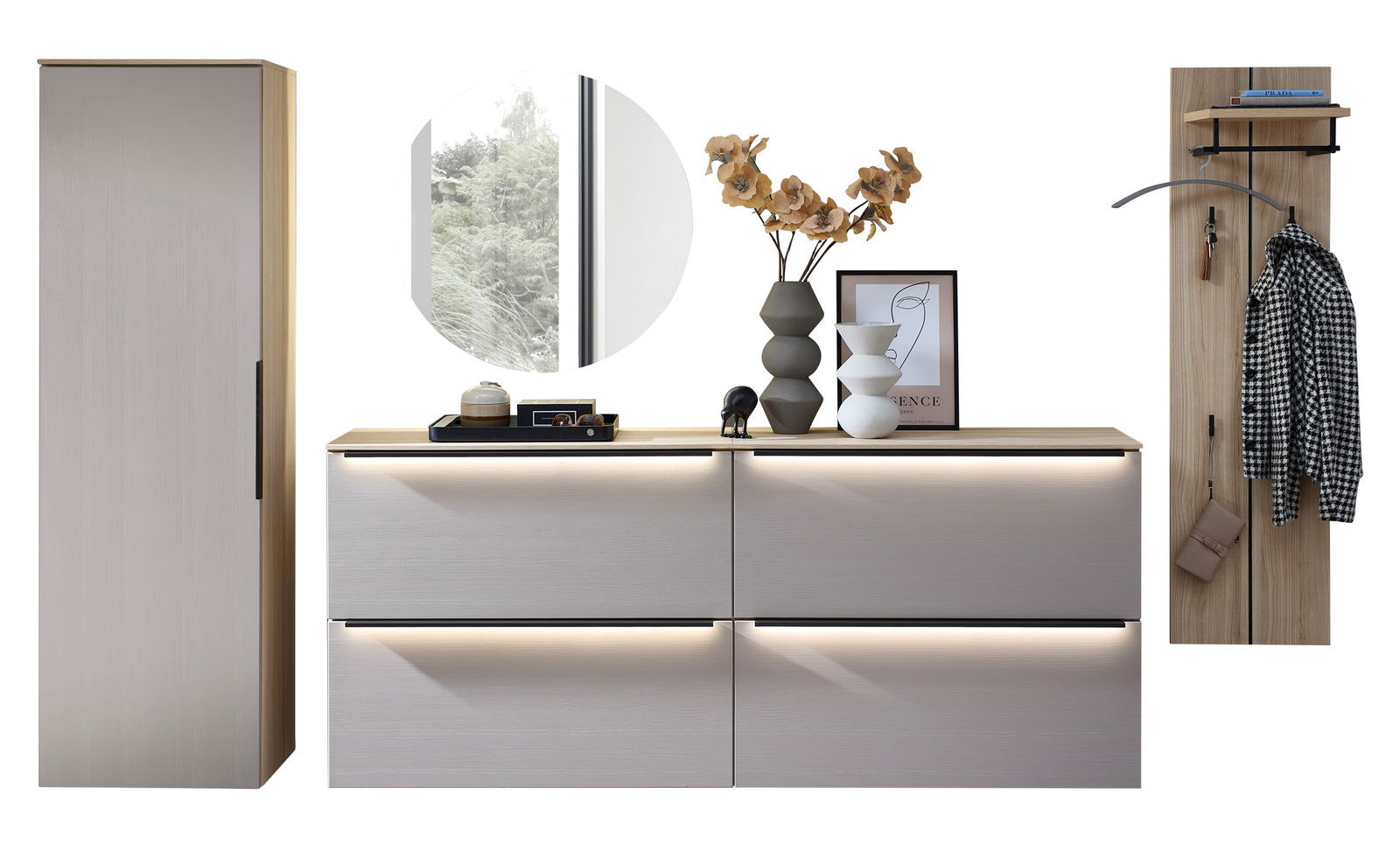 Garderoben-Kombination 5-tlg. in modernem Design, bestehend aus einem hohen Schrank, einer Kommode mit vier Schubladen und einer Wandgarderobe mit Haken und Ablage. Perspektive: Frontalansicht.