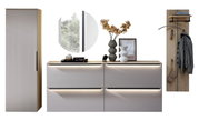 5-delige garderobecombinatie in modern design, bestaande uit een hoge kast, een ladekast met vier lades en een wandgarderobe met haken en een plank. Perspectief: vooraanzicht.