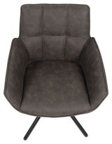 Draufsicht auf einen modernen, dunkelgrauen Armlehnstuhl mit gepolstertem Sitz und schwarzen Metallbeinen.