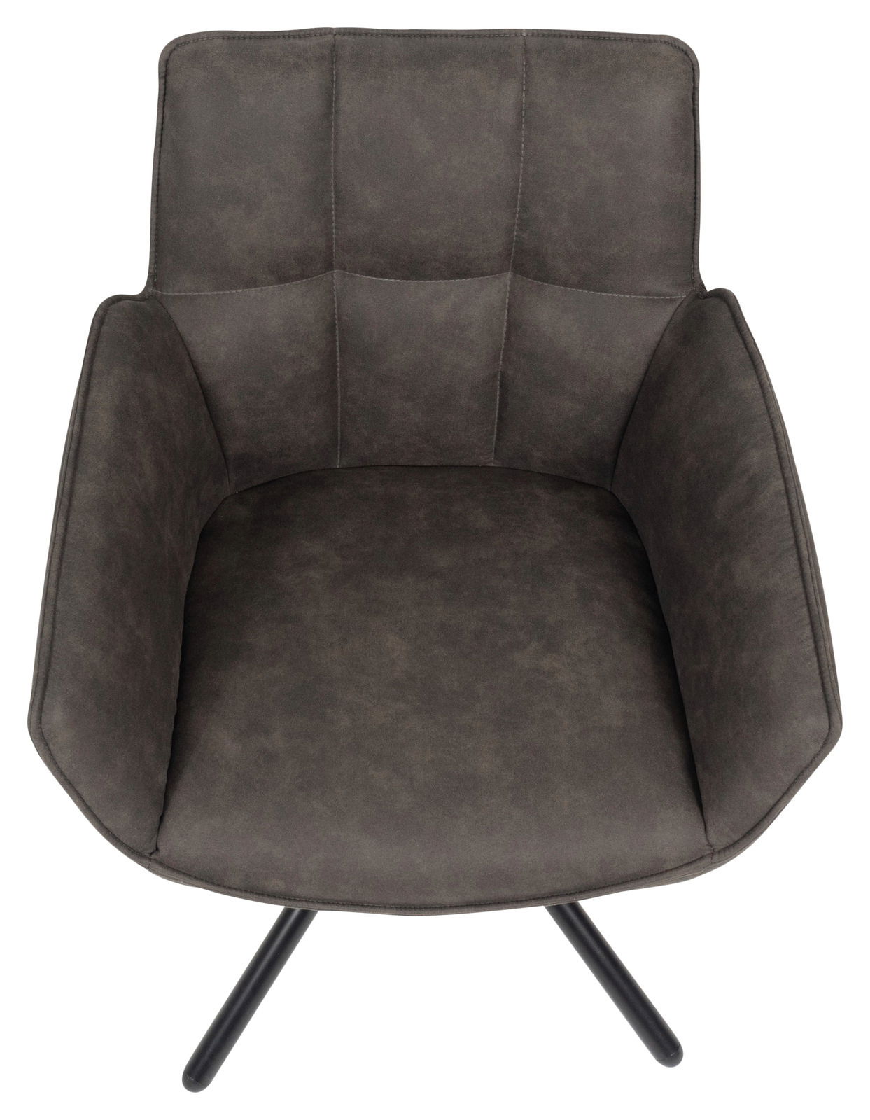 Draufsicht auf einen modernen, dunkelgrauen Armlehnstuhl mit gepolstertem Sitz und schwarzen Metallbeinen.