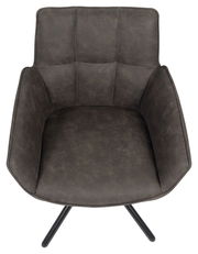 Draufsicht auf einen modernen, dunkelgrauen Armlehnstuhl mit gepolstertem Sitz und schwarzen Metallbeinen.