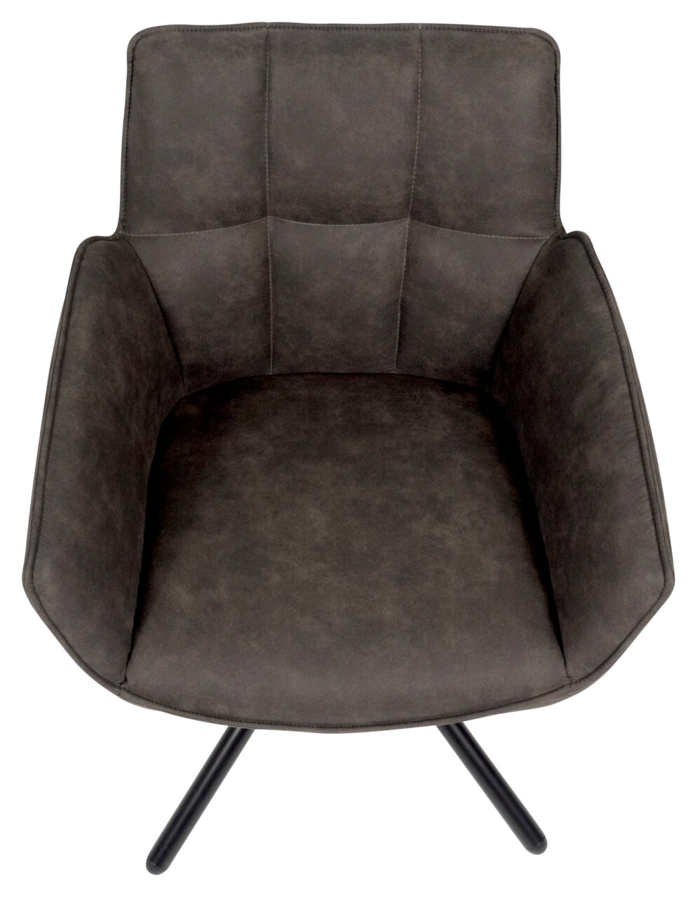 Draufsicht auf einen modernen, dunkelgrauen Armlehnstuhl mit gepolstertem Sitz und schwarzen Metallbeinen.